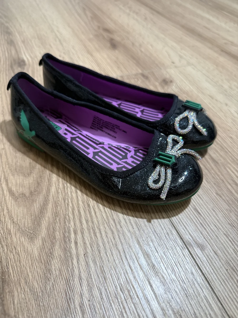 Black Glitter Ballet Flats with Purple Insole and Green Trim